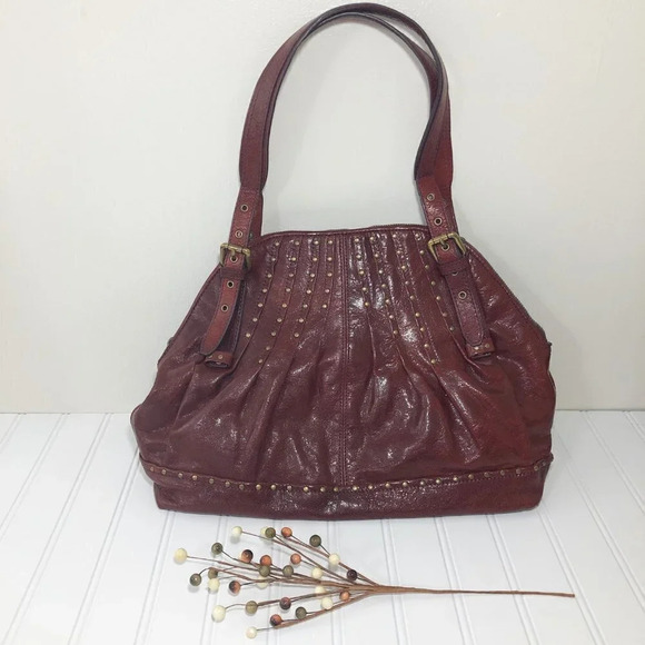 Kooba Dark Red Leather Studded Handbag Satchel Bag Purse Tote - Picture 2 of 6